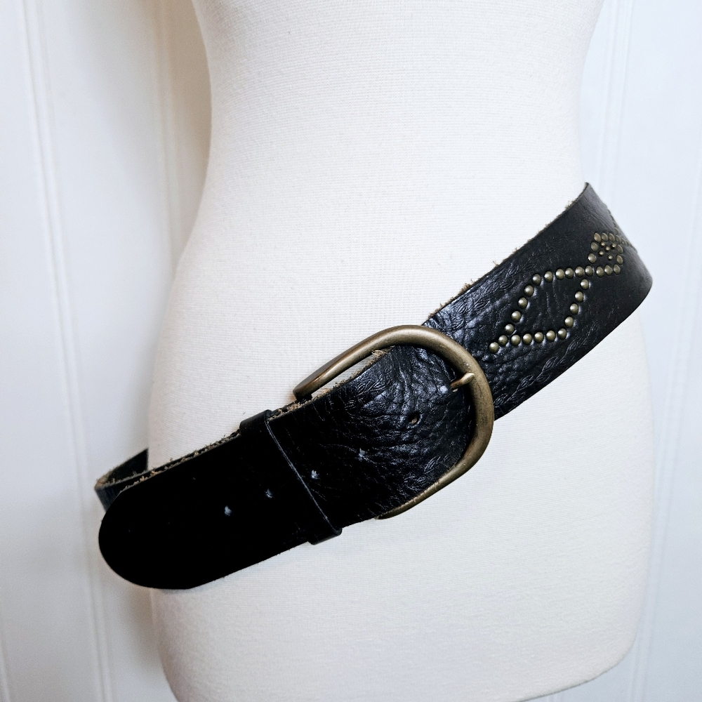 Vintage Fossil Leather Belt L Studded Western Y2K Boho Moto Brass Hardware Brown